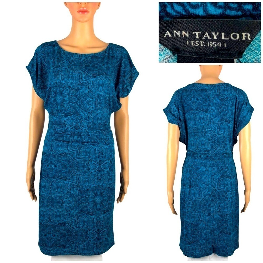 ANN TAYLOR Women’s Turquoise & Navy Blue Paisley Dress Kimono Sleeves Size Small